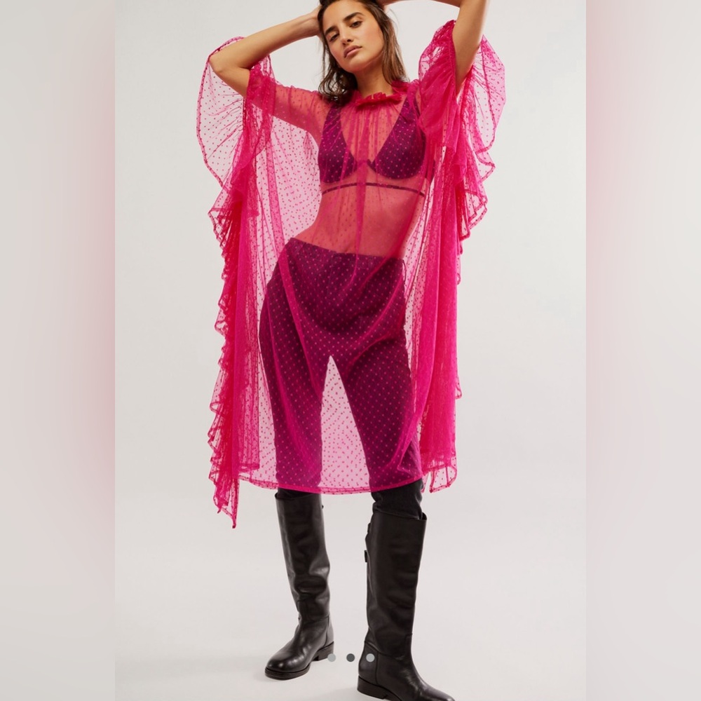 🆕Free People - Swiss Dot Ruffle Kaftan - OS - Pink